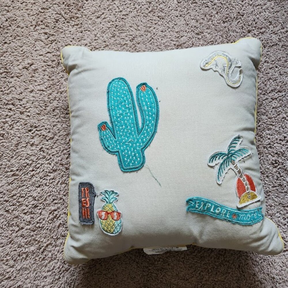 Pillowfort Gray Pillow w/ Summery Patches.